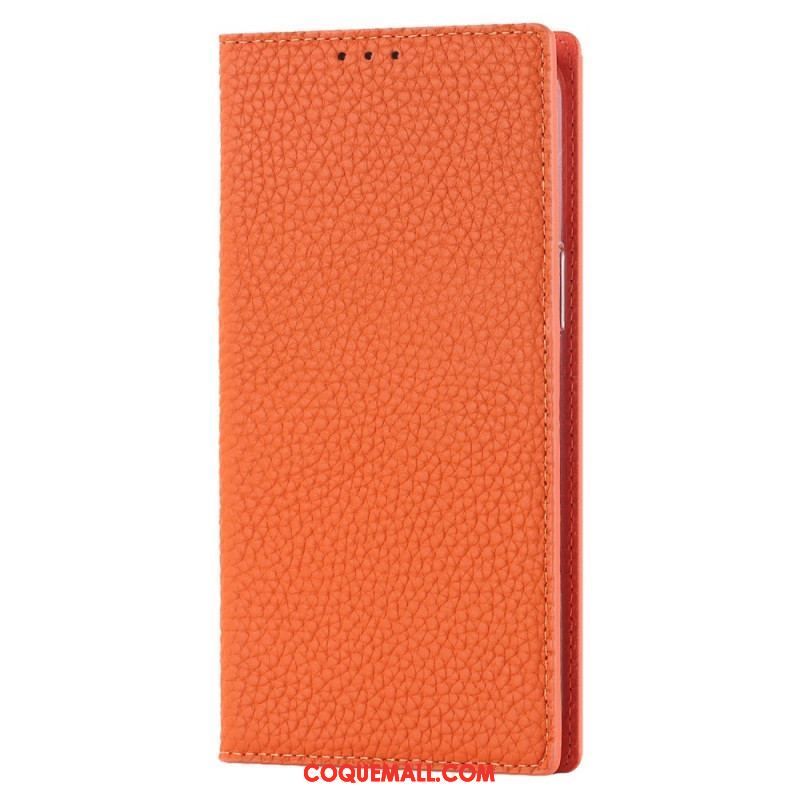 Flip Cover iPhone 14 Cuir Litchi Véritable à Lanière