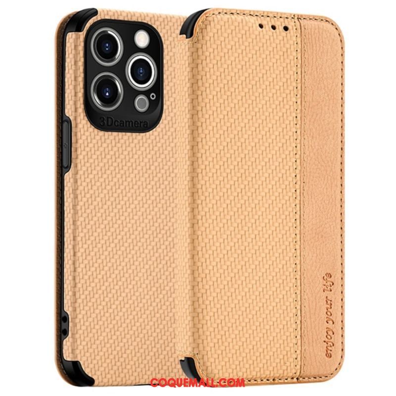 Flip Cover iPhone 14 Pro Fibre Carbone Fermoir Ventouse