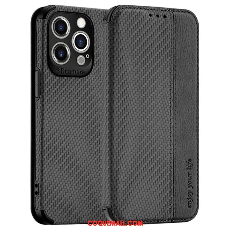 Flip Cover iPhone 14 Pro Max Fibre Carbone Fermoir Ventouse