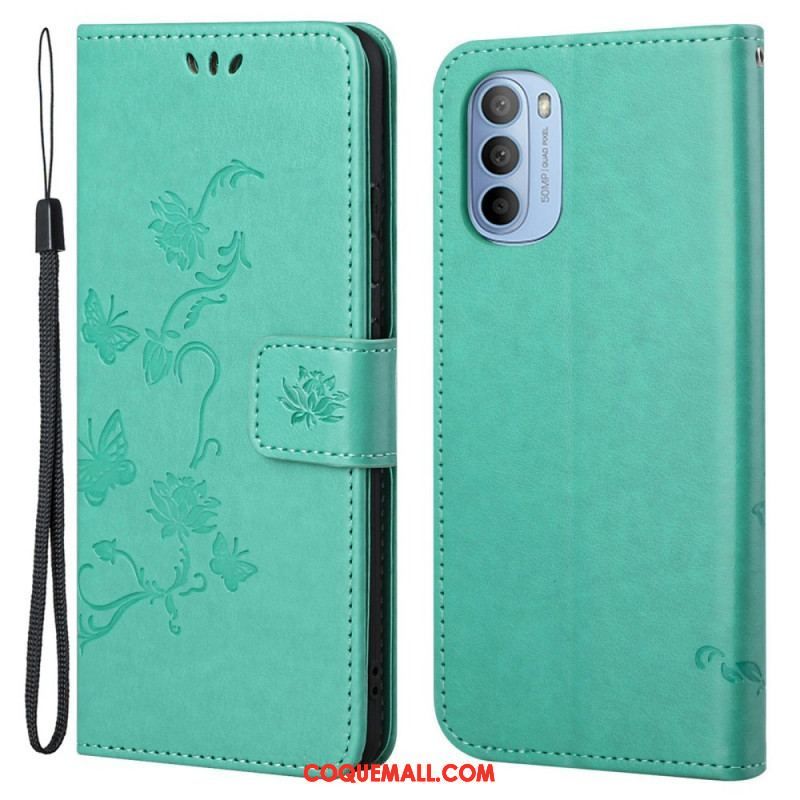 Housse Moto G41 / G31 Papillons et Fleurs à Lanière