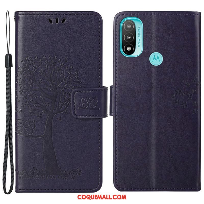 Housse Moto G71 5G Arbre et Hiboux à Lanière