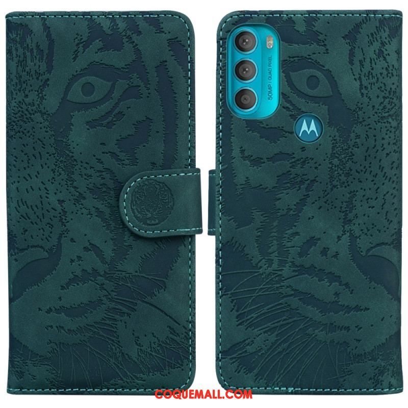 Housse Moto G71 5G Empreinte Face de Tigre