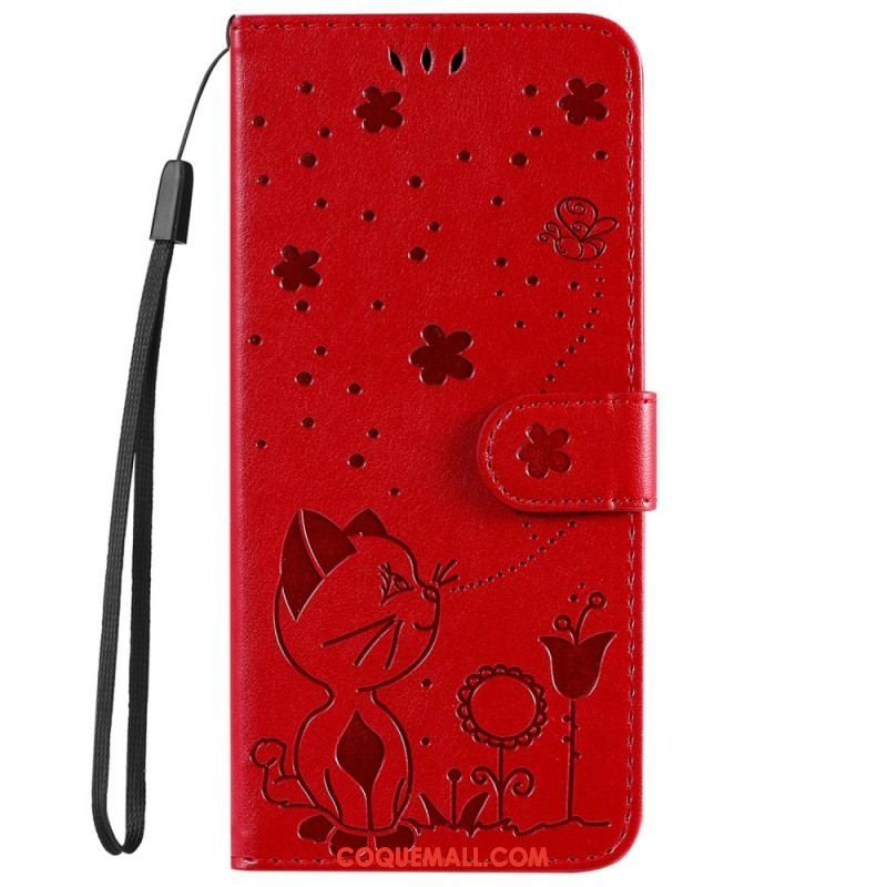 Housse OnePlus Nord 2T 5G Chat et Abeille avec Porte-Cartes à Lanière