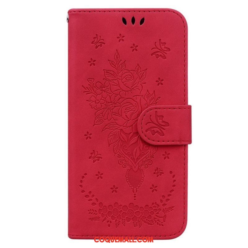 Housse Oppo Reno 8 Pro Roses et Papillons à Lanière