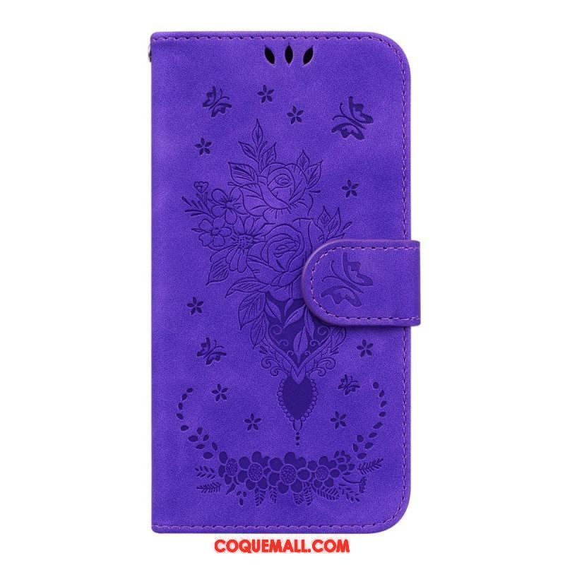 Housse Samsung Galaxy A14 5G / A14 Roses et Papillons à Lanière