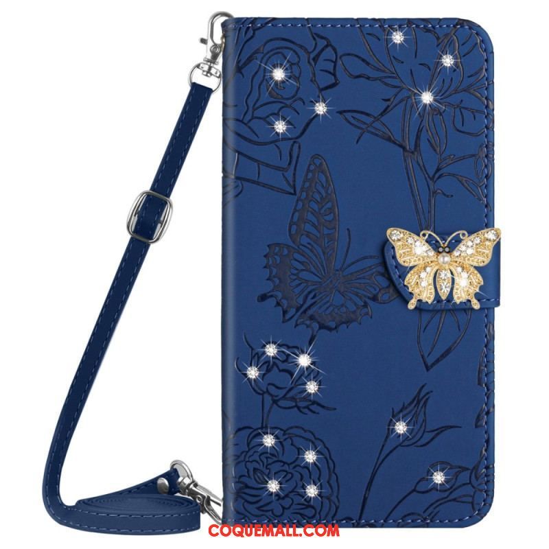 Housse Samsung Galaxy M13 Papillon Breloque et Bandoulière