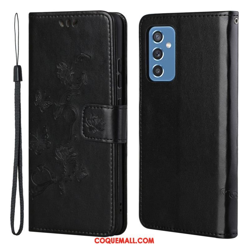 Housse Samsung Galaxy M52 5G Papillons et Fleurs à Lanière