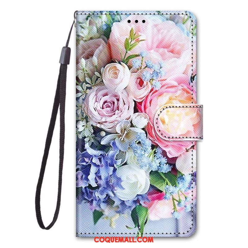 Housse Samsung Galaxy M53 5G Fleurs avec Lanière