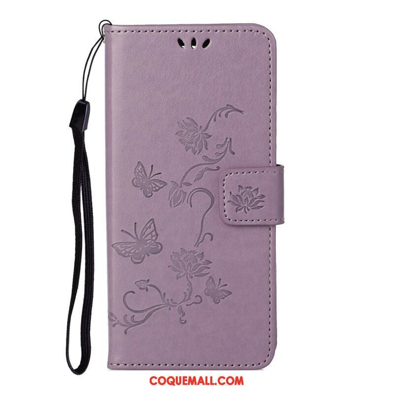 Housse Samsung Galaxy S21 5G Papillons Et Fleurs À Lanière