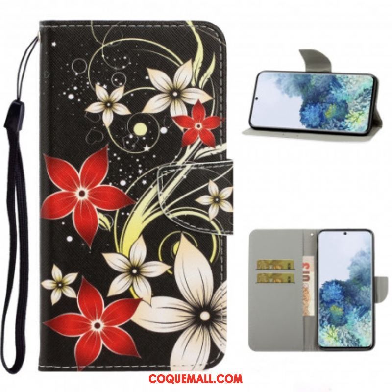 Housse Samsung Galaxy S21 Ultra 5G Fleurs Colorées à Lanière