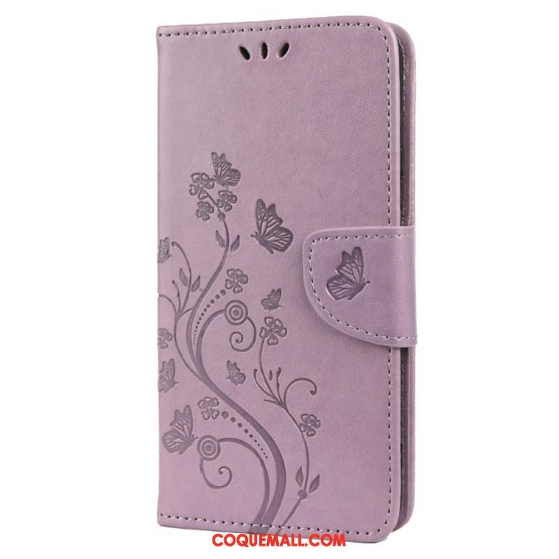 Housse Samsung Galaxy S22 Plus 5G Papillons Et Fleurs avec Lanière