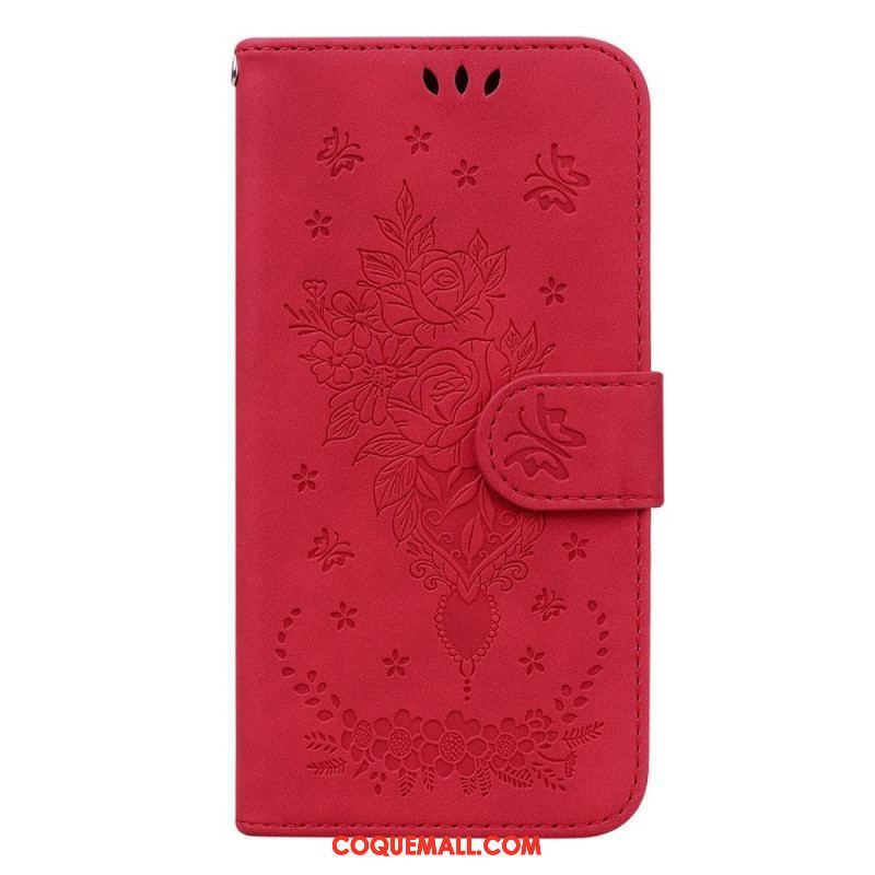 Housse Samsung Galaxy S23 5G Roses et Papillons à Lanière