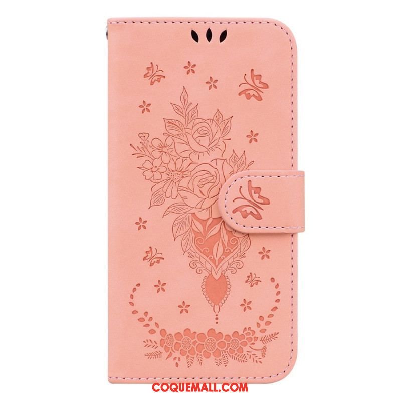 Housse Samsung Galaxy S23 5G Roses et Papillons à Lanière