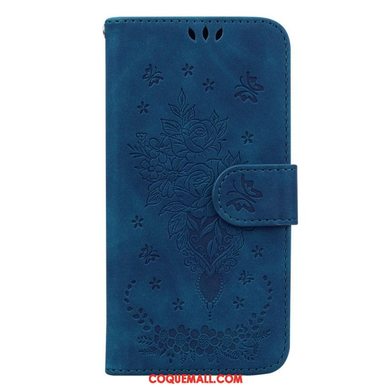 Housse Samsung Galaxy S23 5G Roses et Papillons à Lanière