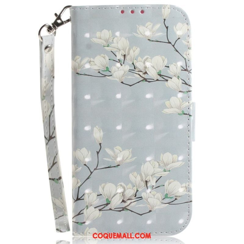 Housse Xiaomi 12 / 12X Fleurs Blanches à Lanière