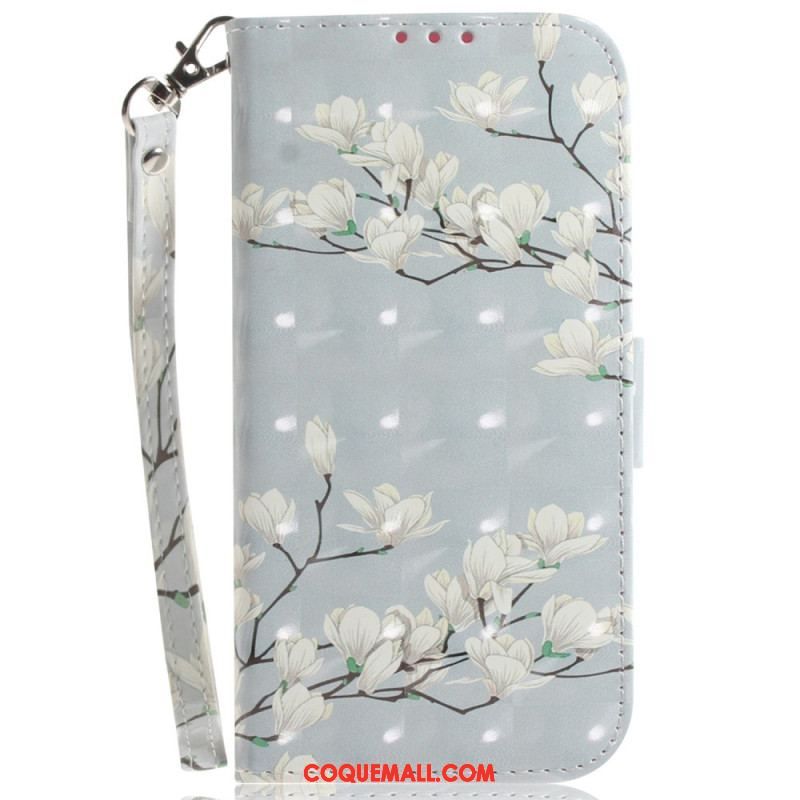 Housse Xiaomi Redmi Note 12 4G Fleurs Blanches à Lanière