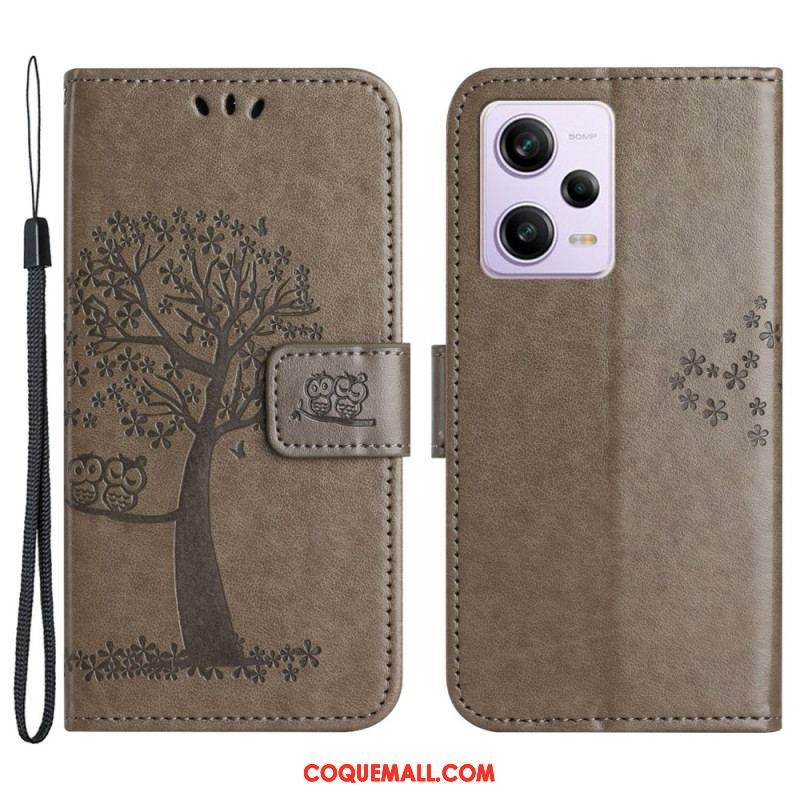 Housse Xiaomi Redmi Note 12/Poco X5 5G Arbre et Hiboux à Lanière