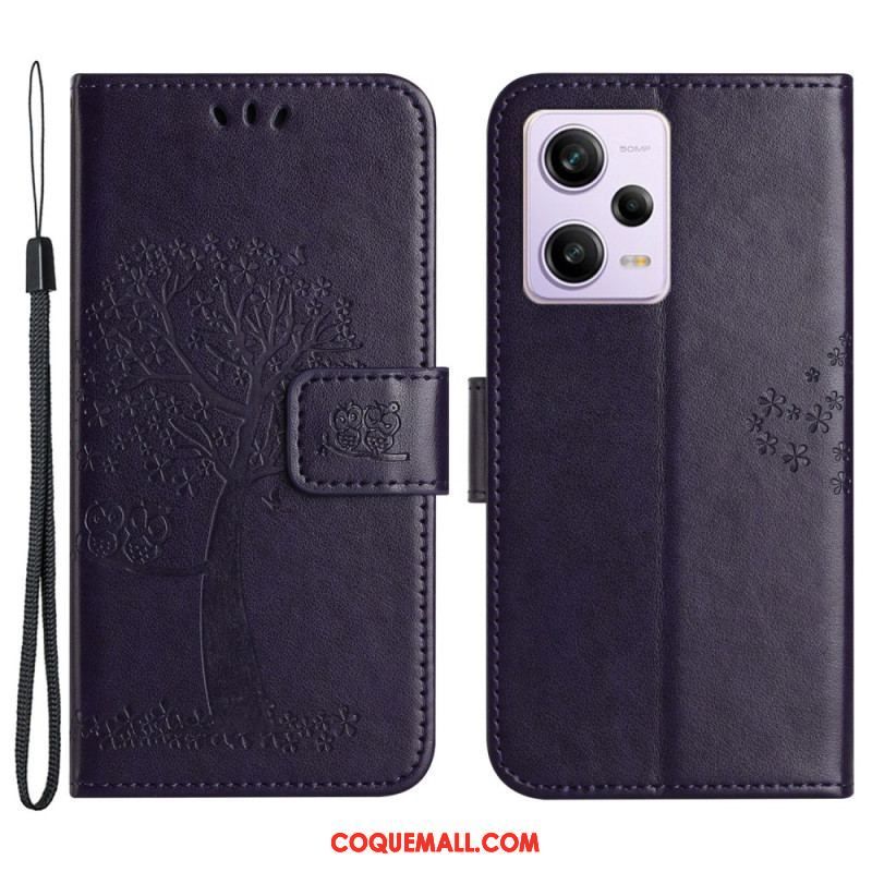 Housse Xiaomi Redmi Note 12/Poco X5 5G Arbre et Hiboux à Lanière