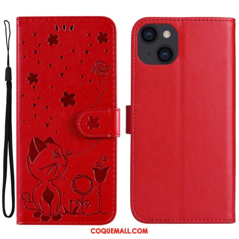 Housse iPhone 14 Plus Chat et Abeille à Lanière