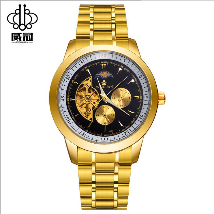 Montre Homme Automatique Diamant Jaune, Montre Étanche Creux Gold