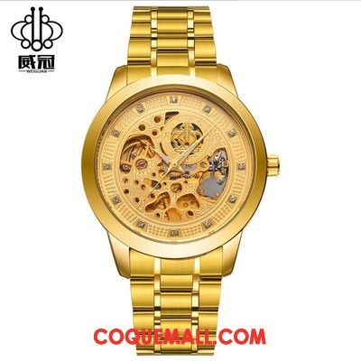 Montre Homme Automatique Diamant Jaune, Montre Étanche Creux Gold