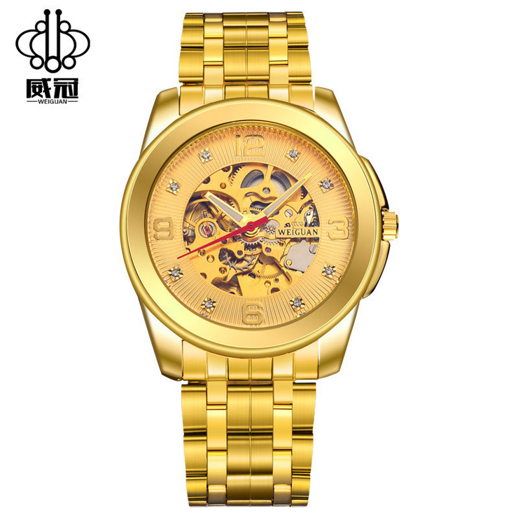 Montre Homme Automatique Diamant Jaune, Montre Étanche Creux Gold