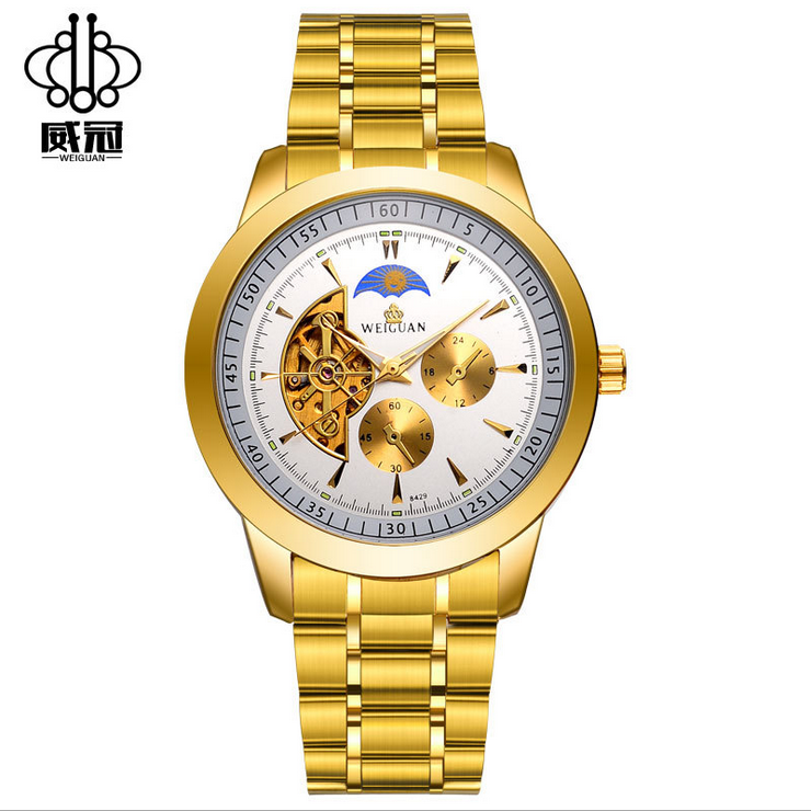 Montre Homme Automatique Diamant Jaune, Montre Étanche Creux Gold