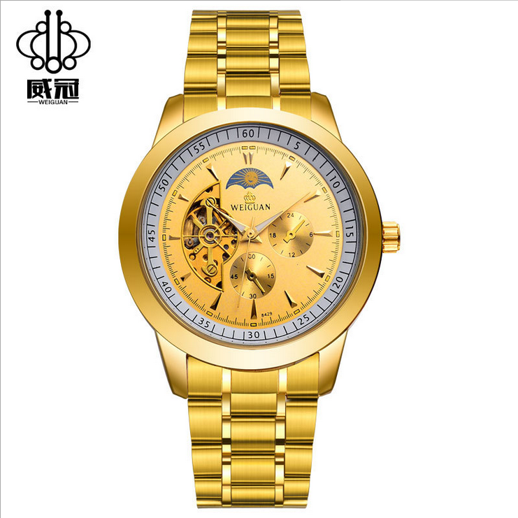 Montre Homme Automatique Diamant Jaune, Montre Étanche Creux Gold