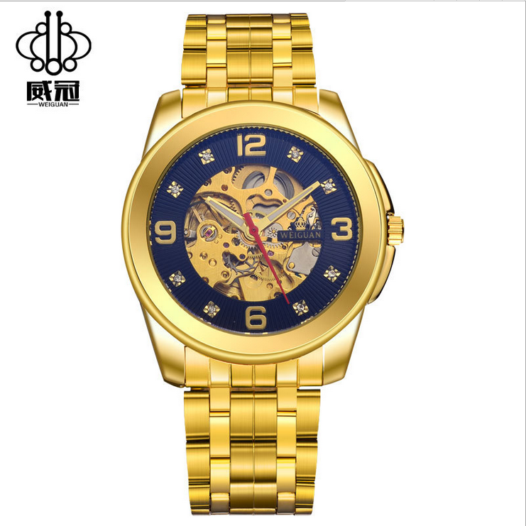 Montre Homme Automatique Diamant Jaune, Montre Étanche Creux Gold