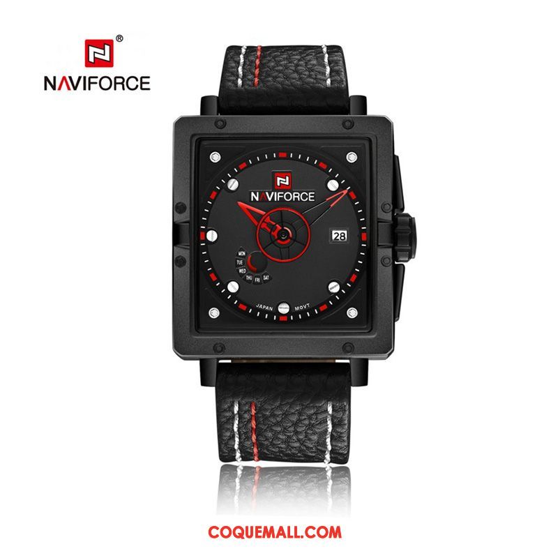 Montre Homme Noir Calendrier Ceinture, Montre Rouge Loisir