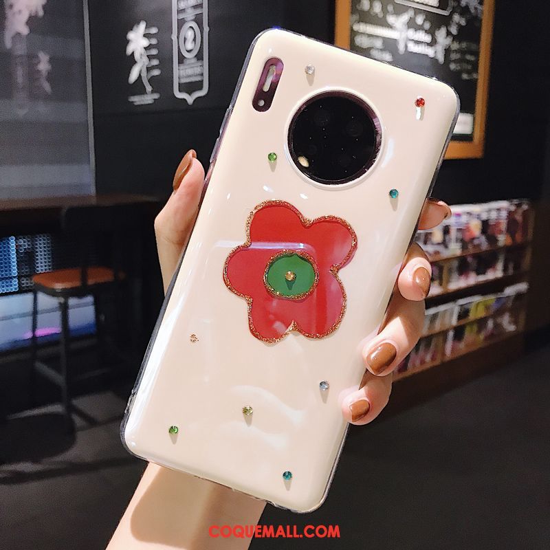 Étui Huawei Mate 30 Légère Nouveau Blanc, Coque Huawei Mate 30 Strass Floral