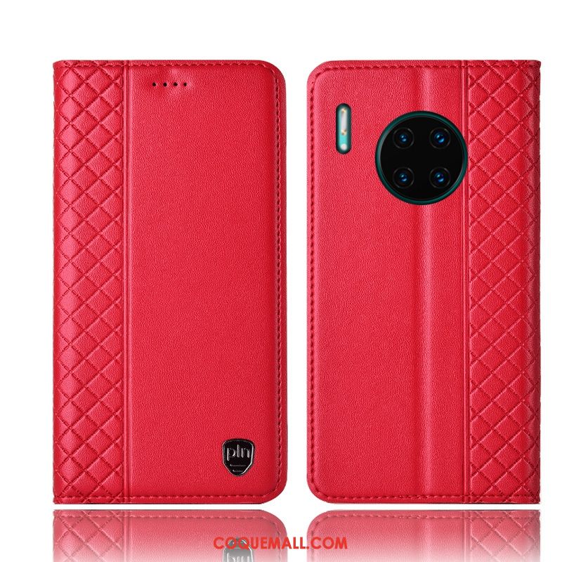 Étui Huawei Mate 30 Téléphone Portable Plaid Noir, Coque Huawei Mate 30 Protection Cuir Véritable