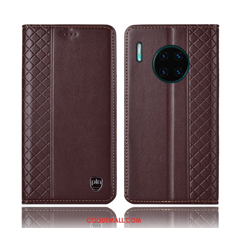 Étui Huawei Mate 30 Téléphone Portable Plaid Noir, Coque Huawei Mate 30 Protection Cuir Véritable