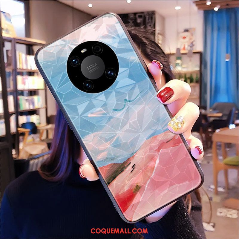 Étui Huawei Mate 40 Bleu Modèle Fleurie Net Rouge, Coque Huawei Mate 40 Losange Téléphone Portable