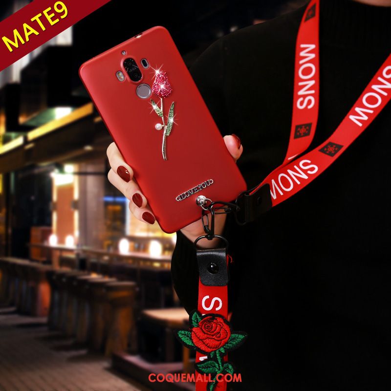 Étui Huawei Mate 9 Incruster Strass Cou Suspendu Téléphone Portable, Coque Huawei Mate 9 Rouge Ornements Suspendus