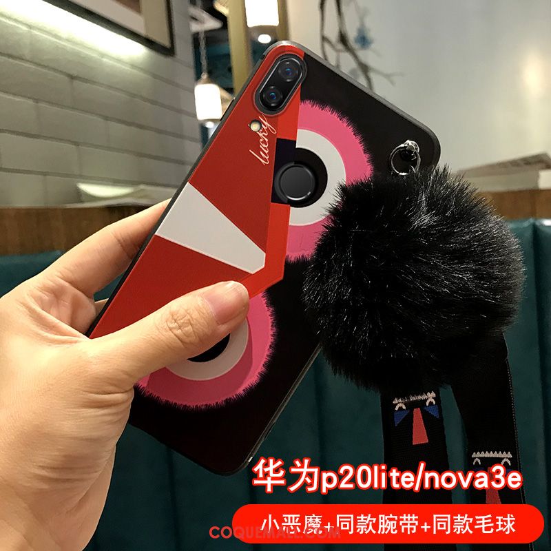 Étui Huawei Nova 3e Amoureux Peluche Net Rouge, Coque Huawei Nova 3e Noir Cou Suspendu