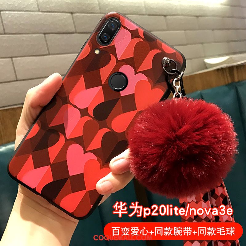 Étui Huawei Nova 3e Amoureux Peluche Net Rouge, Coque Huawei Nova 3e Noir Cou Suspendu