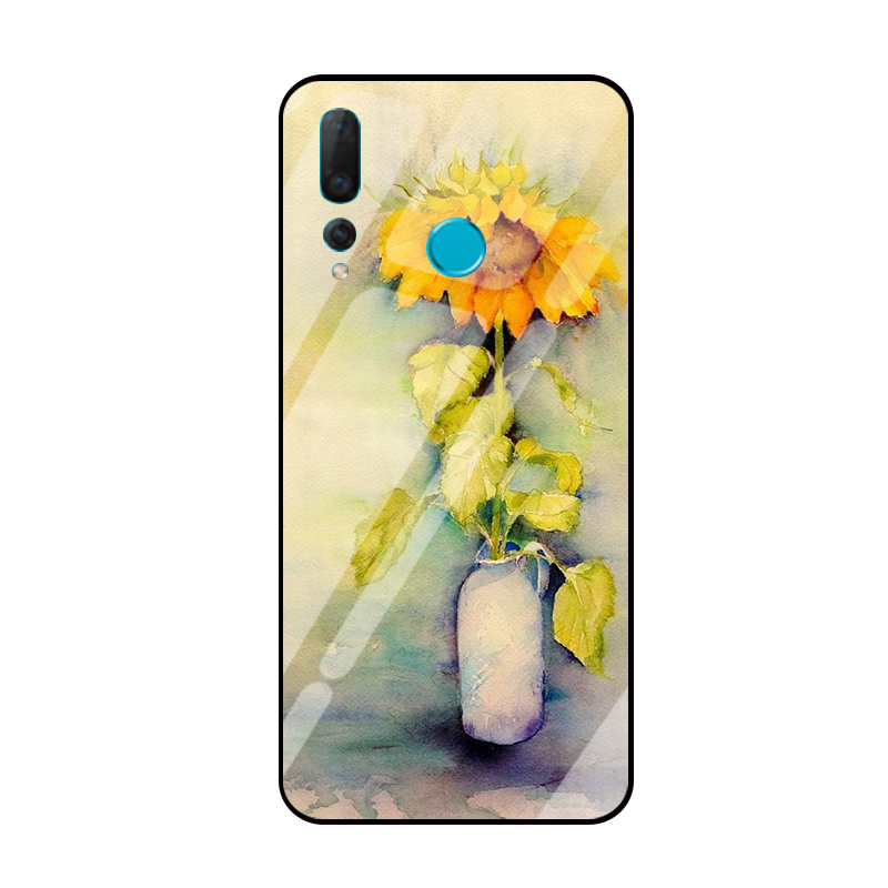 Étui Huawei P Smart+ 2019 Téléphone Portable Tournesol Verre Trempé, Coque Huawei P Smart+ 2019 Petit Jaune