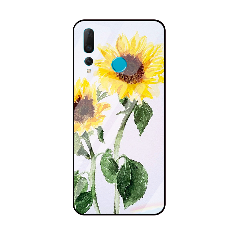 Étui Huawei P Smart+ 2019 Téléphone Portable Tournesol Verre Trempé, Coque Huawei P Smart+ 2019 Petit Jaune