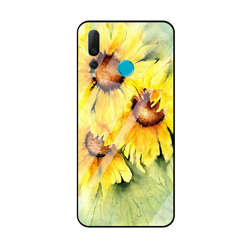 Étui Huawei P Smart+ 2019 Téléphone Portable Tournesol Verre Trempé, Coque Huawei P Smart+ 2019 Petit Jaune