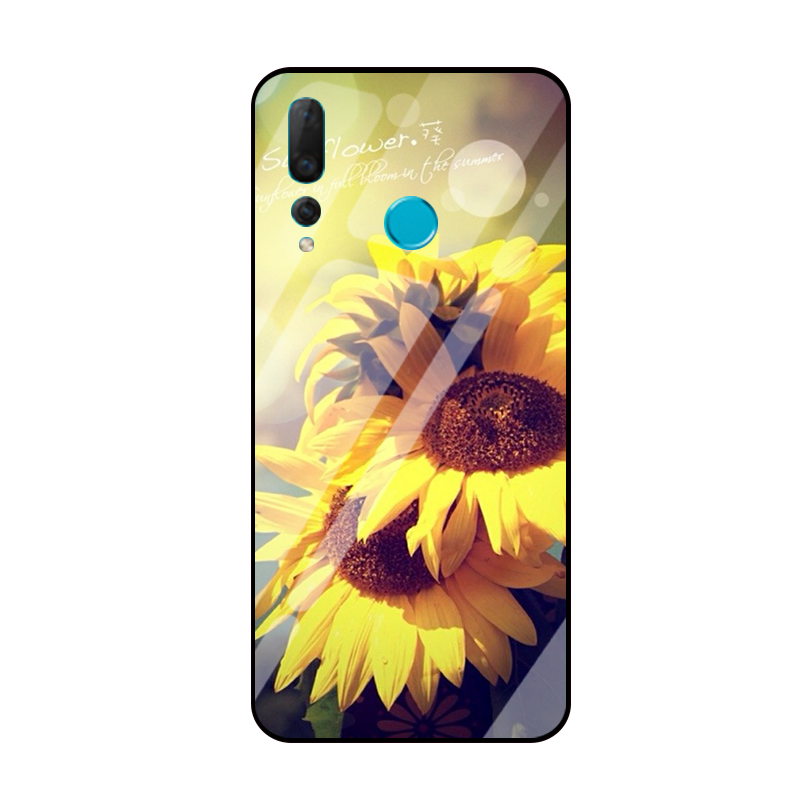 Étui Huawei P Smart+ 2019 Téléphone Portable Tournesol Verre Trempé, Coque Huawei P Smart+ 2019 Petit Jaune