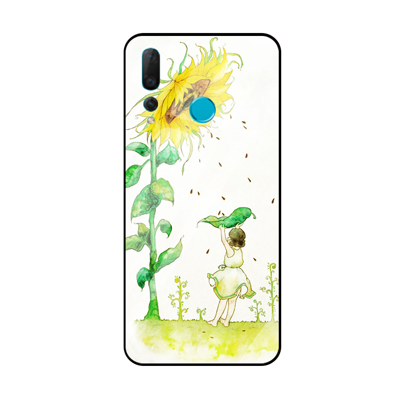 Étui Huawei P Smart+ 2019 Téléphone Portable Tournesol Verre Trempé, Coque Huawei P Smart+ 2019 Petit Jaune