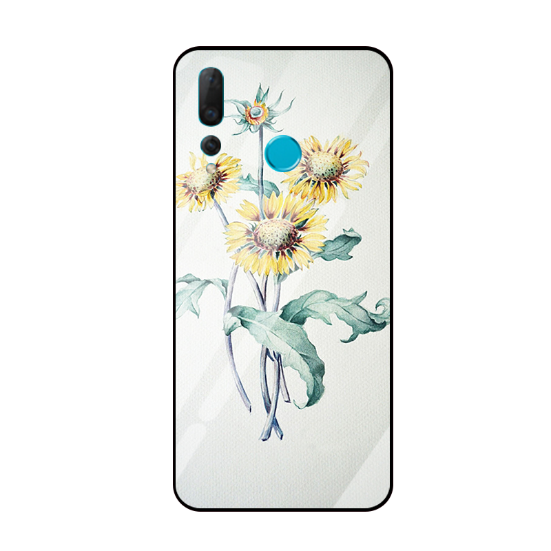 Étui Huawei P Smart+ 2019 Téléphone Portable Tournesol Verre Trempé, Coque Huawei P Smart+ 2019 Petit Jaune