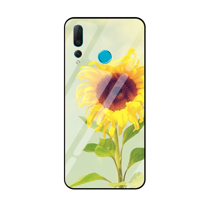 Étui Huawei P Smart+ 2019 Téléphone Portable Tournesol Verre Trempé, Coque Huawei P Smart+ 2019 Petit Jaune