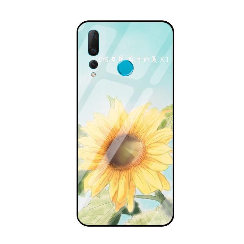 Étui Huawei P Smart+ 2019 Téléphone Portable Tournesol Verre Trempé, Coque Huawei P Smart+ 2019 Petit Jaune