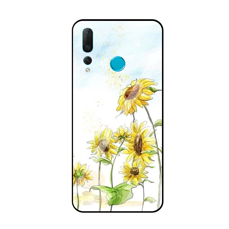 Étui Huawei P Smart+ 2019 Téléphone Portable Tournesol Verre Trempé, Coque Huawei P Smart+ 2019 Petit Jaune