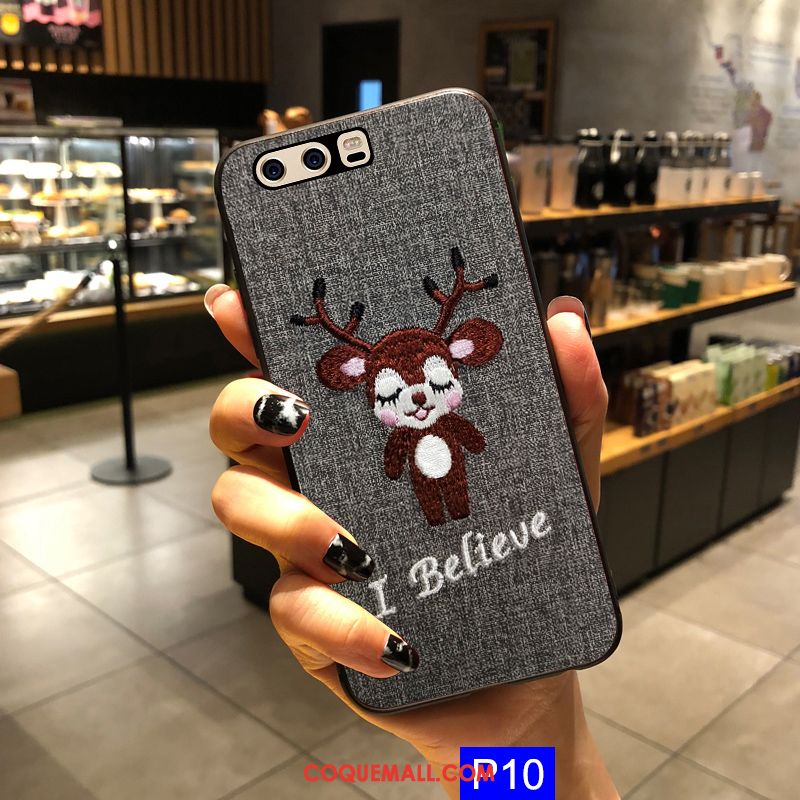 Étui Huawei P10 Dessin Animé Gris Broderie, Coque Huawei P10 Fluide Doux Téléphone Portable