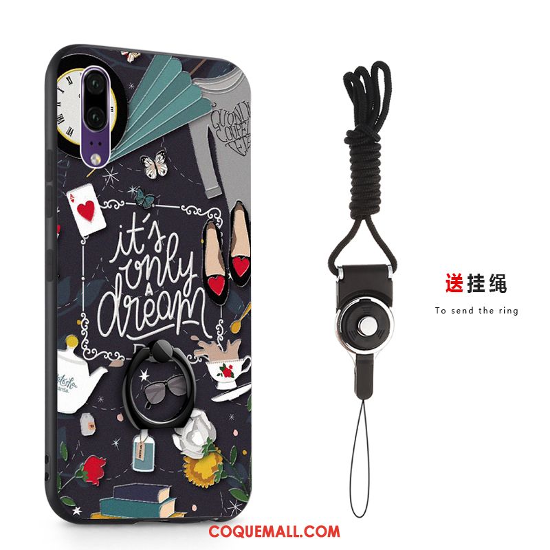 Étui Huawei P20 Peinture Anneau Boucle, Coque Huawei P20 Téléphone Portable Noir