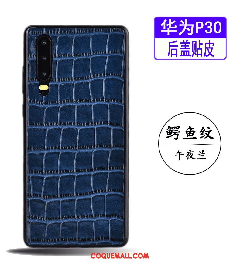 Étui Huawei P30 Bleu Cuir Véritable Simple, Coque Huawei P30 Très Mince Business