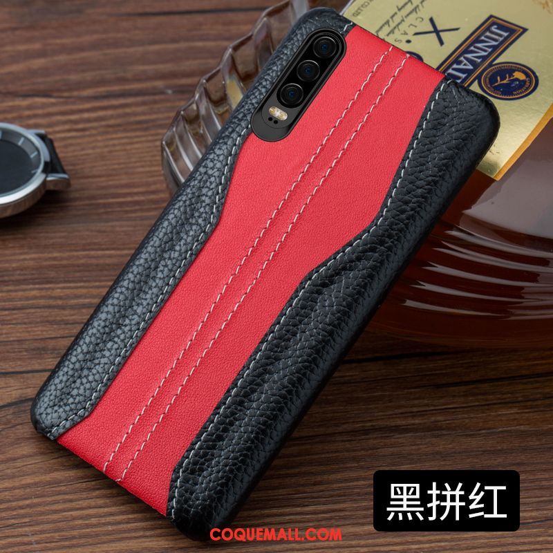 Étui Huawei P30 Cuir Véritable Créatif Simple, Coque Huawei P30 Épissure Couvercle Arrière